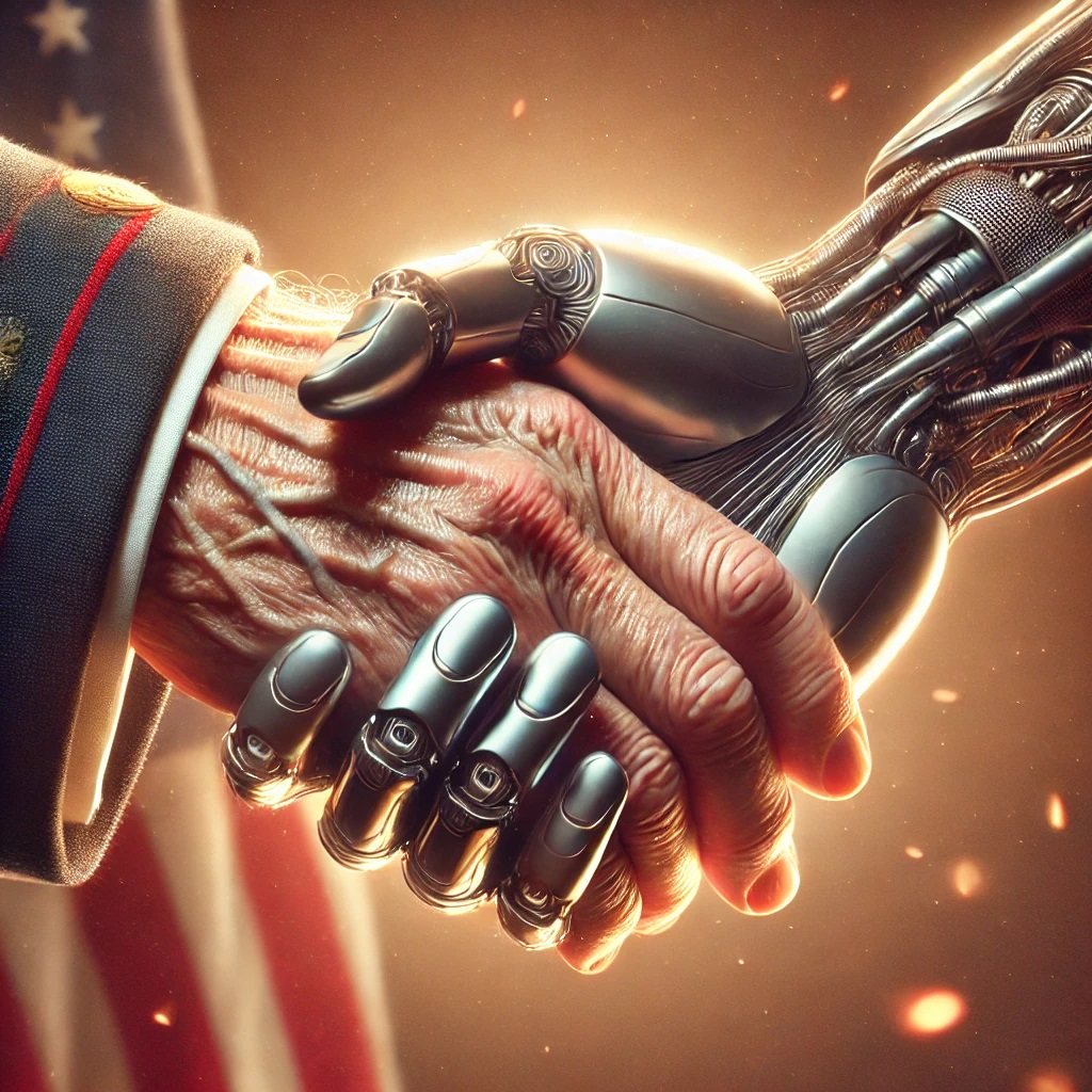 Illustration of an aging veteran's hand held by a robotic hand